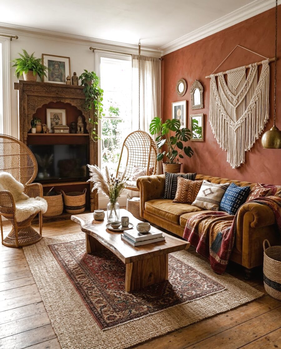 Terracotta room with macrame and rattan chairs — bohemian layers