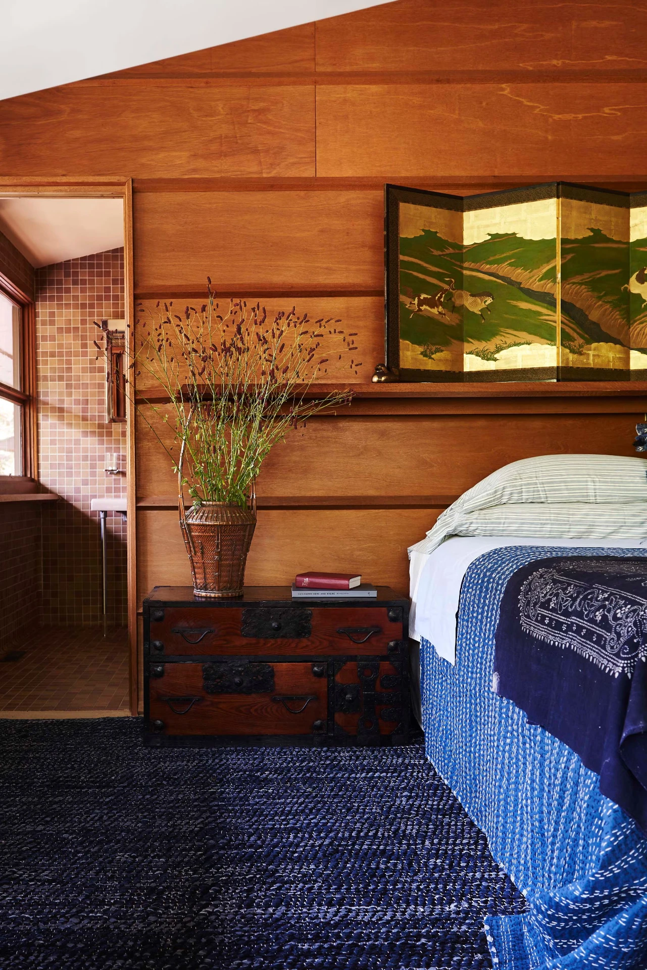 Wabi-Sabi interior — panelled wood bedroom