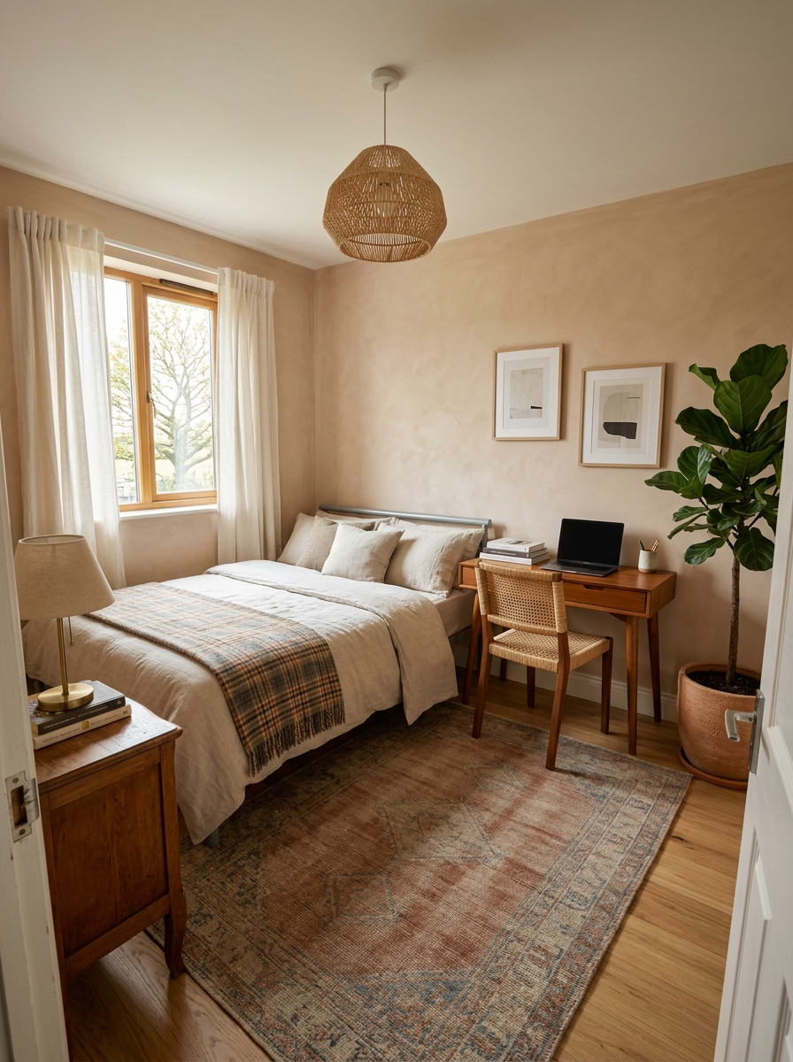 Small bedroom before and after styling — cluttered metal-framed bed and bare walls transformed into warm plaster walls, made linen bed, rug and tidy desk