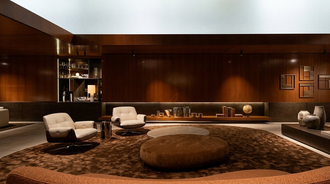 Walnut-panelled lounge with swivel chairs — warm evening light