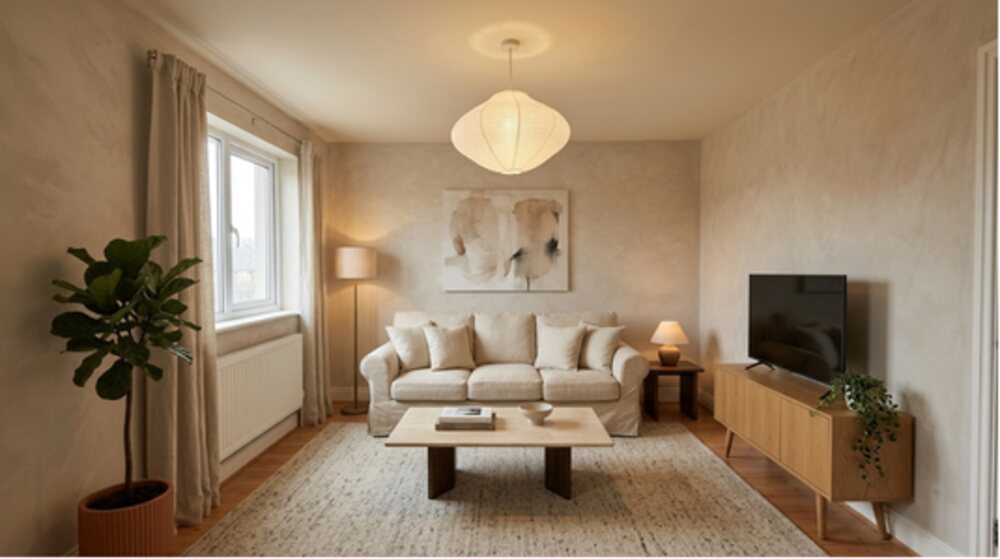 Warm plaster lounge with linen sofa — calm after