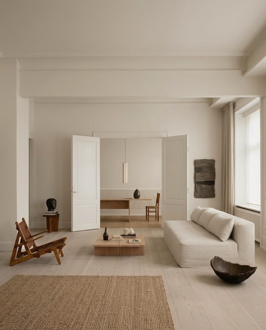 Pale apartment with boucle sofa and jute rug — Scandinavian light