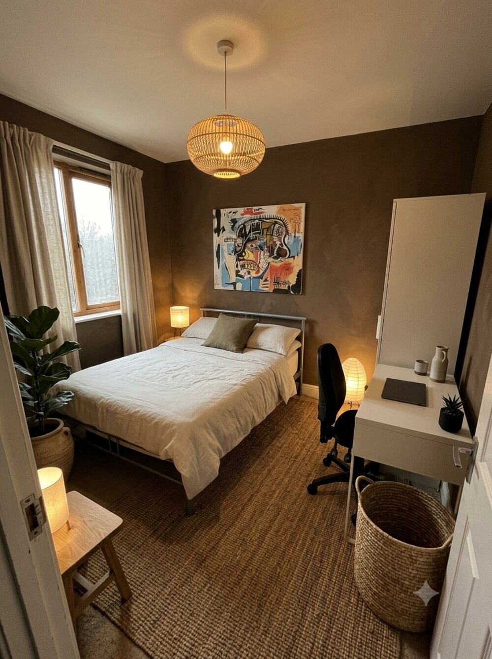 Brown bedroom with rattan pendant — layered after