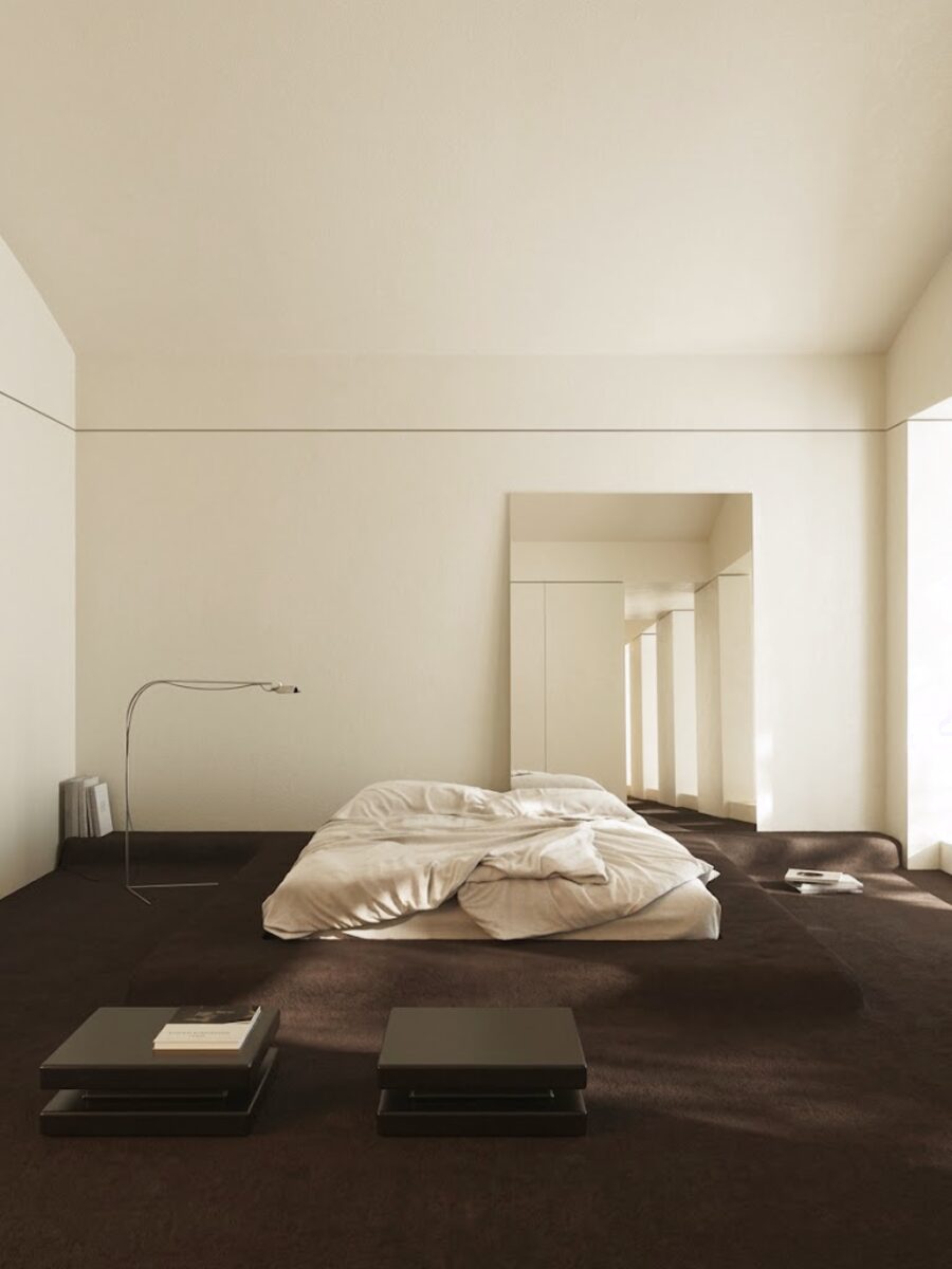 Bare cream bedroom with floor mattress — minimalist stillness