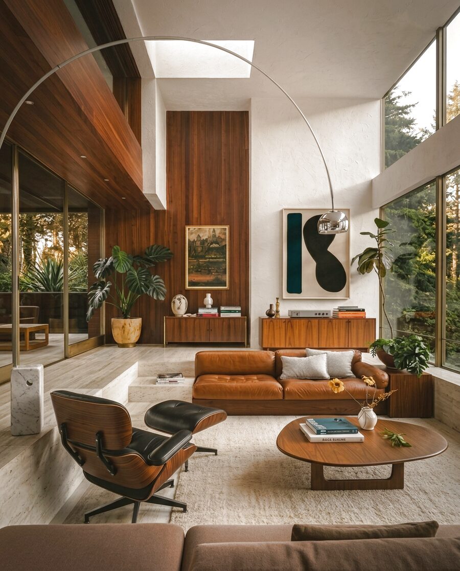 Walnut-panelled lounge with arc lamp — midcentury warmth