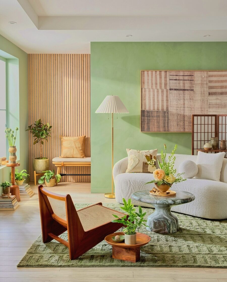 Sage living room with slatted wood wall — Japandi calm